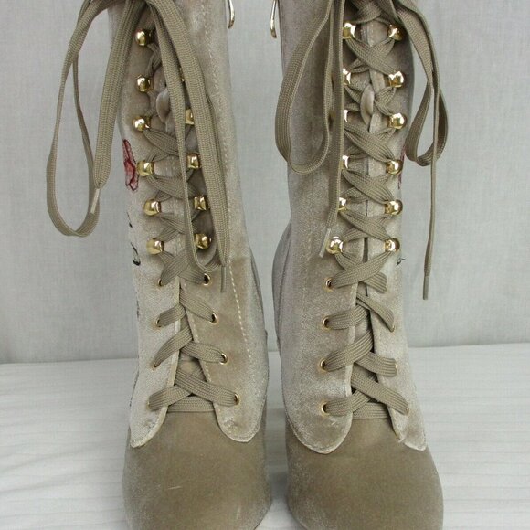 Cape Robbin Womens Embroidered Velvet Lace-up Mid-Calf Stiletto Heel Boot Nude - Picture 5 of 9